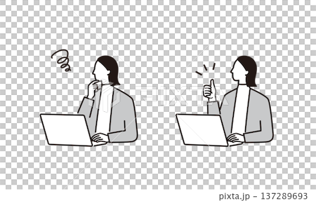 ノートパソコンの前で考える、問題解決する女性ビジネスパーソンの上半身イラスト 137289693