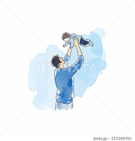 Man lifts child in the air in a playful moment during a sunny day at home 137289702