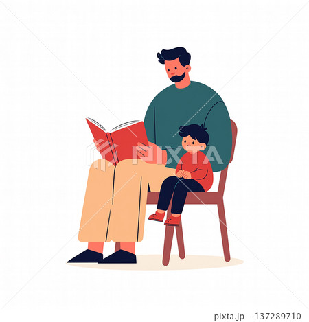 Father reads a story to child while sitting on a chair in a cozy indoor space at a simple home setting 137289710