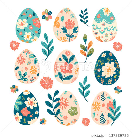 Colorful eggs with floral designs placed on a white background during springtime for Easter celebration 137289726