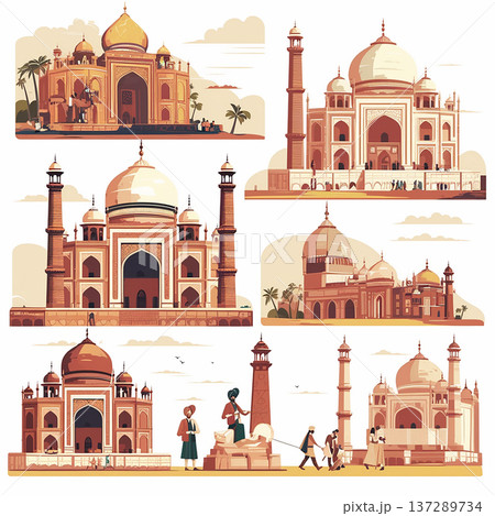 Detailed view of the Taj Mahal showing different angles and activities of visitors and locals in Agra during the daytime Detailed view of the Taj Mahal showing different angles and activities of visitors and locals in Agra during the daytime 137289734