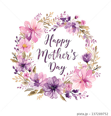 Happy Mother's Day wreath with flowers and greeting in purple and pink colors for celebration decoration Happy Mother's Day wreath with flowers and greeting in purple and pink colors for celebration decoration 137289752