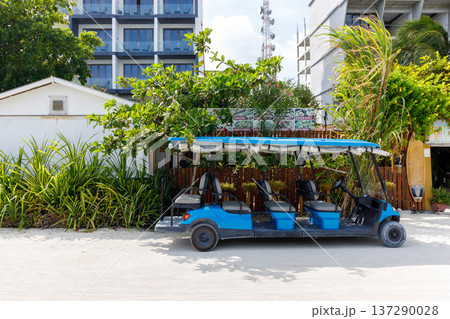 Blue golf cart rests under green foliage Blue golf cart rests under green foliage 137290028