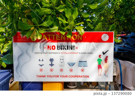 Bright sign warns against bikinis near water 137290080