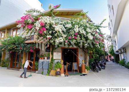 Vibrant flowers cascade over a cozy cafe entrance Vibrant flowers cascade over a cozy cafe entrance 137290134