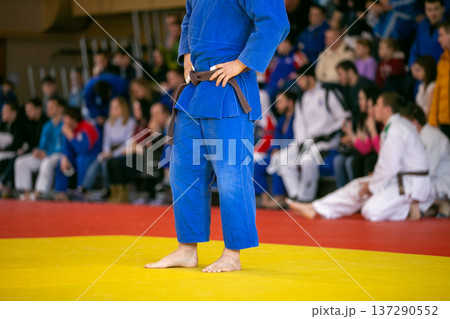 Close-up judo athlete in blue gi Close-up judo athlete in blue gi 137290552