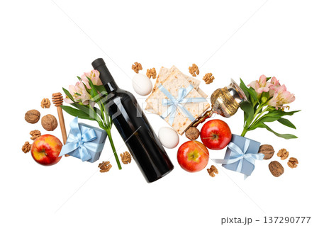 Passover includes wine, apples, gifts, and flowers, isolated, PNG 137290777