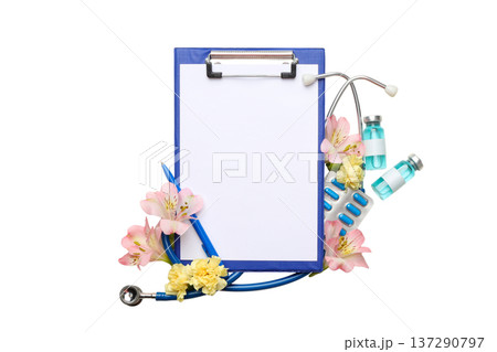 Nursing tools and flowers represent Nurses Day, isolated, PNG 137290797