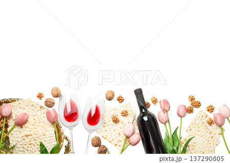 Passover table with wine, matzah, tulips, and walnuts, isolated, PNG Passover table with wine, matzah, tulips, and walnuts, isolated, PNG 137290805