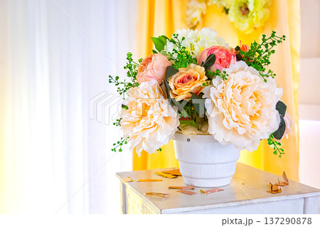 wedding the decorated yellow with fabrics and compositions from fresh flowers, wedding the decorated yellow with fabrics and compositions from fresh flowers, 137290878