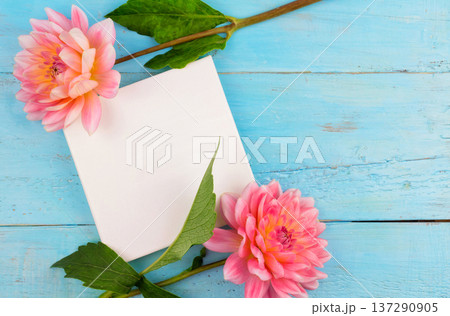 summer background. dahlias and a canvas on a blue wooden background. art. space for a text summer background. dahlias and a canvas on a blue wooden background. art. space for a text 137290905