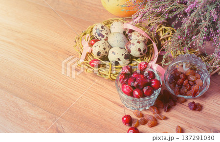 spring composition, nest with eggs near the bunch of heather, Easter. spring composition, nest with eggs near the bunch of heather, Easter. 137291030