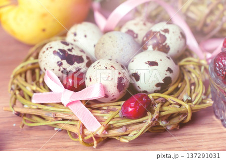 spring composition, nest with eggs near the bunch of heather, Easter. 137291031