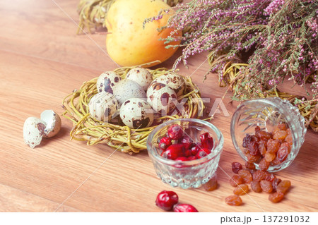 spring composition, nest with eggs near the bunch of heather, Easter. spring composition, nest with eggs near the bunch of heather, Easter. 137291032