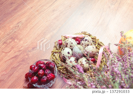 spring composition, nest with eggs near the bunch of heather, Easter. spring composition, nest with eggs near the bunch of heather, Easter. 137291033