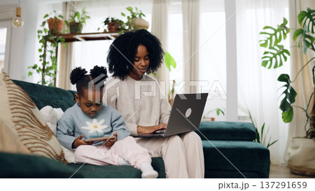 Mother and daughter using digital devices at home Mother and daughter using digital devices at home 137291659
