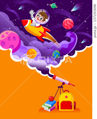 Back to School Illustration with Cute Kid Astronaut Riding Rocket in Space 137291696