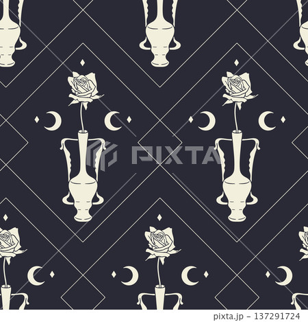 Celestial Art nouveau style black and white vase with rose hand drawn seamless pattern vector illustration Celestial Art nouveau style black and white vase with rose hand drawn seamless pattern vector illustration 137291724