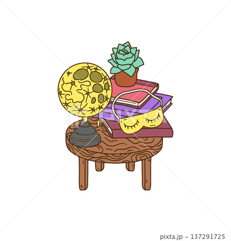 Cozy lifestyle scene with books and moon lamp on bedside table. Hand drawn line art peaceful home still life Cozy lifestyle scene with books and moon lamp on bedside table. Hand drawn line art peaceful home still life 137291725