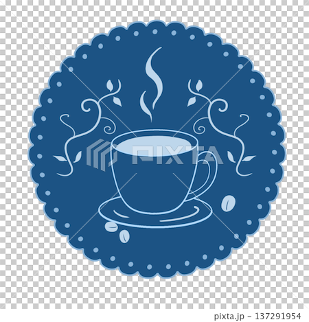おしゃれなコーヒーカップのロゴ風フレーム素材(青) 137291954