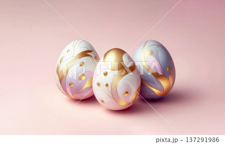 Watercolor Easter eggs with voluminous mother-of-pearl and golden patterns on a light background 137291986