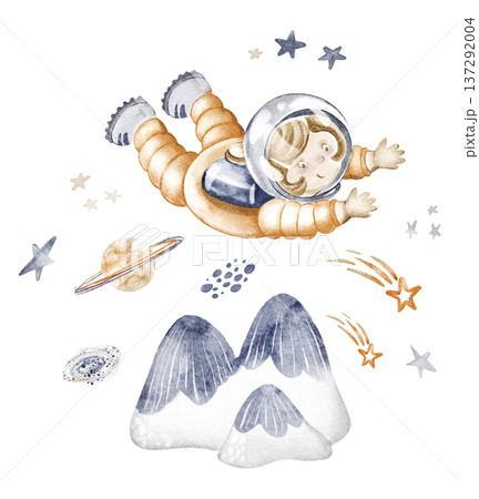 Astronaut cartoon illustration depicts a cute space explorer. Watercolor hand painted design shows cosmic adventure and journey. Perfect for kids, birthday, wall art, or educational projects. 137292004