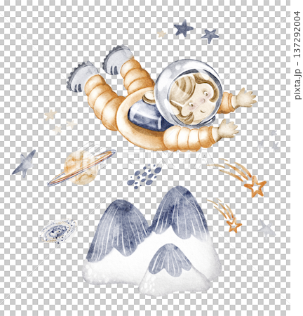 Astronaut cartoon illustration depicts a cute space explorer. Watercolor hand painted design shows cosmic adventure and journey. Perfect for kids, birthday, wall art, or educational projects. 137292004