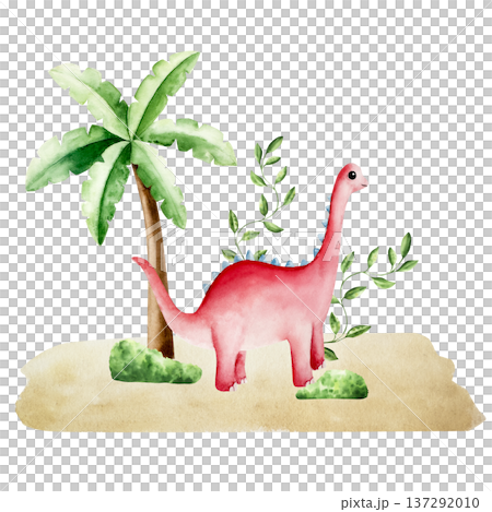 Cute dinosaur in tropical leaves and palm tree. Watercolor hand drawn prehistoric diplodocus, Brachiosaurus animal. Isolated illustration on transparent background. Perfect for for nursery and baby 137292010