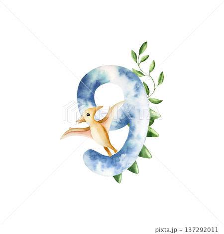 Cute dinosaur number nine with triceratops and palm. Watercolor hand drawn prehistoric Spinosaurus, Brachiosaurus animal. Isolated illustration on transparent background. Perfect for for nursery and 137292011