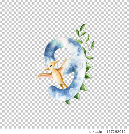 Cute dinosaur number nine with triceratops and palm. Watercolor hand drawn prehistoric Spinosaurus, Brachiosaurus animal. Isolated illustration on transparent background. Perfect for for nursery and 137292011