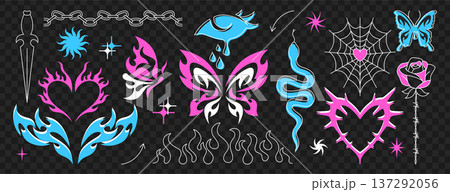 Y2k gothic tattoo stickers, neo tribal pink and blue elements in trendy emo style 137292056