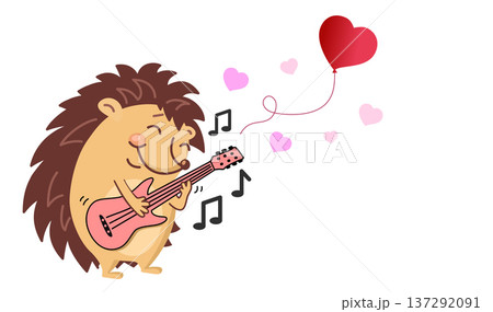 Brown hedgehog on guitar playing music. love. Audio at the concert. Text design. Installation. card or banner Valentine day. Vector illustration Brown hedgehog on guitar playing music. love. Audio at the concert. Text design. Installation. card or banner Valentine day. Vector illustration 137292091