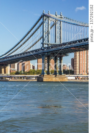 View from the East River of the Manhattan Bridge in NYC. View from the East River of the Manhattan Bridge in NYC. 137292182