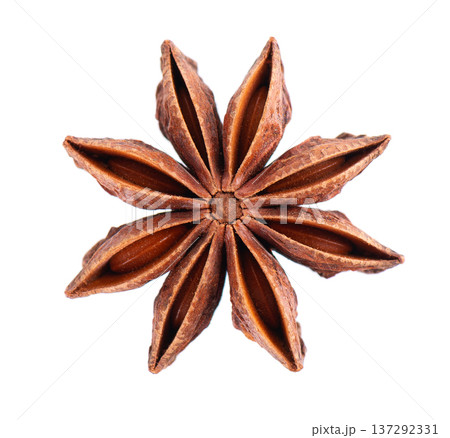 Star anise isolated on white background. Anise stars or badian spice. Clipping path. Top view. Star anise isolated on white background. Anise stars or badian spice. Clipping path. Top view. 137292331