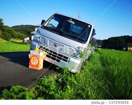 狭い道ですれ違いで田んぼに落ちる軽トラ 137293058