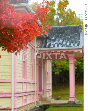 旧愛知県第二尋常中学校 講堂と紅葉 137293223