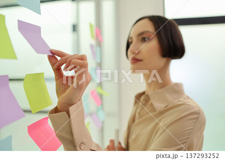 Creative brainstorming session sparks innovation with colorful sticky notes in a bright office space 137293252