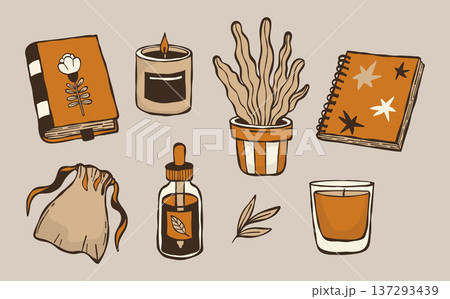 Home Wellness and Stationery Doodle Set. Flowerpot Plant, Candle, Aroma oil, Book and Notebook. Isolated hand-drawn in Dusty Clay Palette. Vector Illustration Home Wellness and Stationery Doodle Set. Flowerpot Plant, Candle, Aroma oil, Book and Notebook. Isolated hand-drawn in Dusty Clay Palette. Vector Illustration 137293439