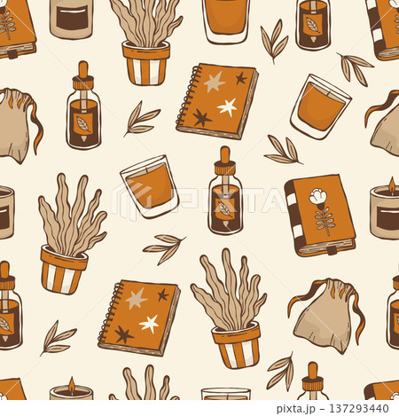 Self Care Wellness Seamless Pattern. Scented Candles, Notebook, Potted Plant, Spa Aroma Oil and Handmade Cozy Pouch on Light Background. Clay Brown Doodles Hand Drawing. Vector illustration Self Care Wellness Seamless Pattern. Scented Candles, Notebook, Potted Plant, Spa Aroma Oil and Handmade Cozy Pouch on Light Background. Clay Brown Doodles Hand Drawing. Vector illustration 137293440