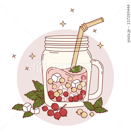 Red and White Currant Smoothie in Mason Jar. Summer Refreshing Cocktail with Berries, Mint, Eco Straw and Ice Cubes. Vector Illustration Seasonal Healthy Lemonade Red and White Currant Smoothie in Mason Jar. Summer Refreshing Cocktail with Berries, Mint, Eco Straw and Ice Cubes. Vector Illustration Seasonal Healthy Lemonade 137293444