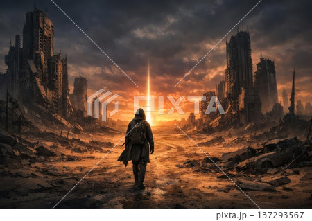 ディストピア世界の希望へ歩くフードの人物と崩壊都市の風景 ディストピア世界の希望へ歩くフードの人物と崩壊都市の風景 137293567