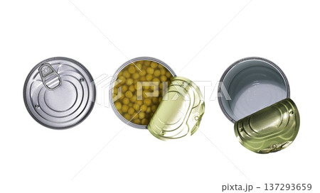 Isolated Opened And Closed Tin Cans With Green Peas Isolated On Transparent Background 137293659