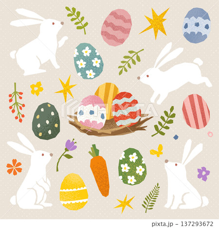 Easter bunny and decorated egg illustration set in cute paper cut collage style with spring flowers and carrots 137293672