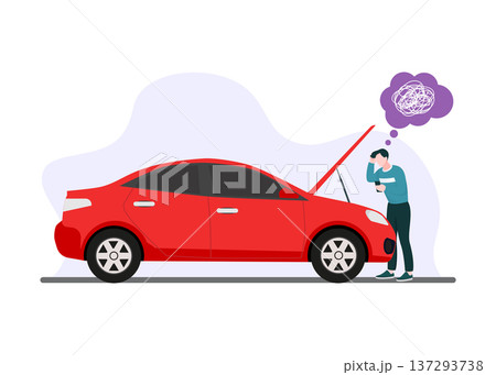 Frustrated Man Looking at Broken Down Red Car Stock Illustration. Frustrated Man Looking at Broken Down Red Car Stock Illustration. 137293738