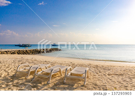 Sunlit beach with three empty lounge chairs 137293903