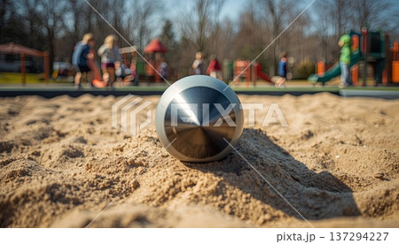 A rocket in the sand on a playground in a park during daylight. Conceptualizing the consequences of war, security issues and violations of the peace, and child safety. 137294227