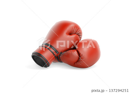 Blank red boxing gloves pair mockup lying png, transparent background, 3d rendering. Empty sports glove uniform mock up cut out. Clear protection fighter gear equipment for box tournament template. 137294251