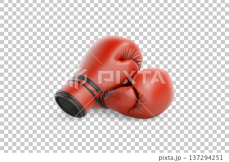 Blank red boxing gloves pair mockup lying png, transparent background, 3d rendering. Empty sports glove uniform mock up cut out. Clear protection fighter gear equipment for box tournament template. 137294251