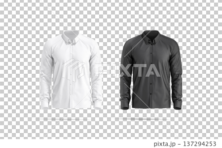Blank black and white classic shirt mockup set png, transparent background, 3d rendering. Empty neat classy dress code blouse mock up cut out. Clear elegant apparel with cuff and collar template. 137294253