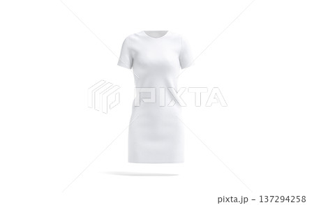 Blank white cloth dress mockup png, transparent background, 3d rendering. Empty woman cotton midi gown or long t-shirt mock up cut out. Clear casual jersey elegant clothes with sleeve template. 137294258